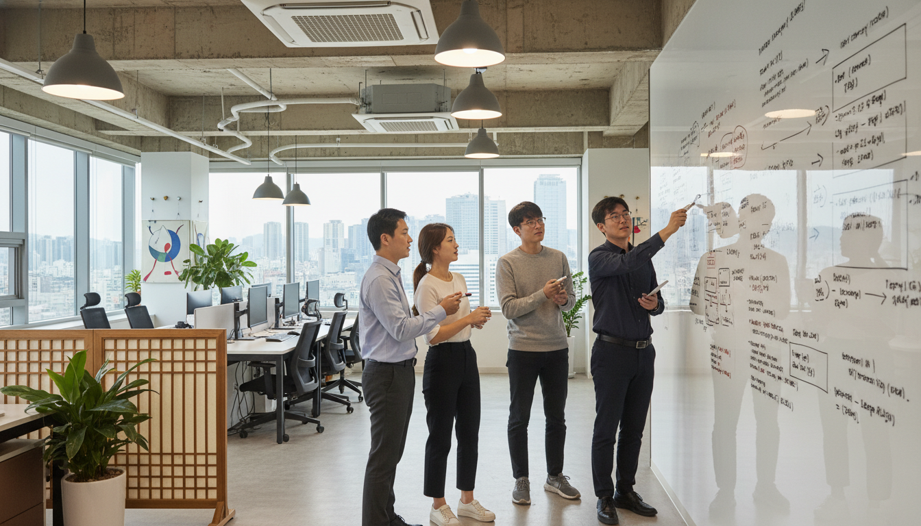 구체적인 이미지 프롬프트: 서울 구로디지털단지의 첨단 스타트업 사무실에서 20대 후반의 한국인 청년 개발자들과 30대 중반의 한국인 리더가 화이트보드 앞에서 열정적으로 아이디어를 논의하고 있다. 벽면에는 복잡한 코드와 다이어그램이 그려져 있고, 활기찬 팀워크가 느껴지는 고화질 사진
