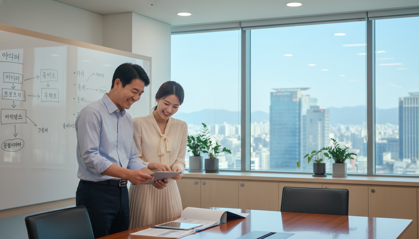 화기애애한 분위기의 한국 회사 회의실에서 40대 한국인 남성 팀장과 20대 한국인 여성 직원이 웃으며 서류를 검토하고 있다. 뒤편으로는 화이트보드에 아이디어가 적혀있다.