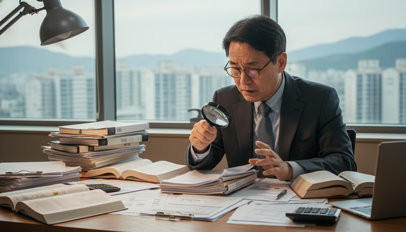 책상 위에 놓인 세무 관련 복잡한 서류들과 함께, 돋보기를 들고 서류를 면밀히 검토하는 중년의 한국인 세무사 남성, 집중하는 모습, 전문적인 분위기
