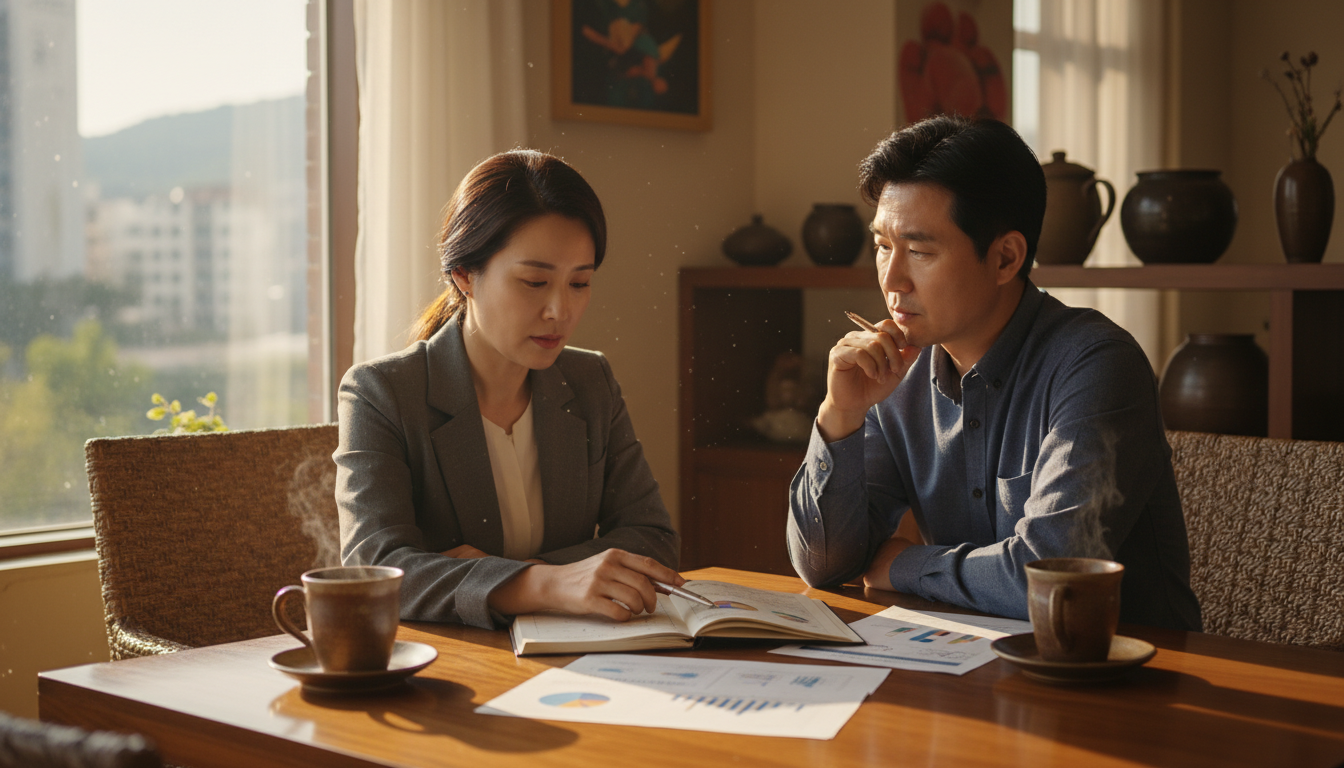 아늑한 분위기의 한국 카페에서 전문가와 마주 앉아 사업 계획서와 재무 서류를 보며 진지하게 상담하는 40대 한국 여성 사업가, 따뜻한 커피 잔이 테이블에 놓여있음