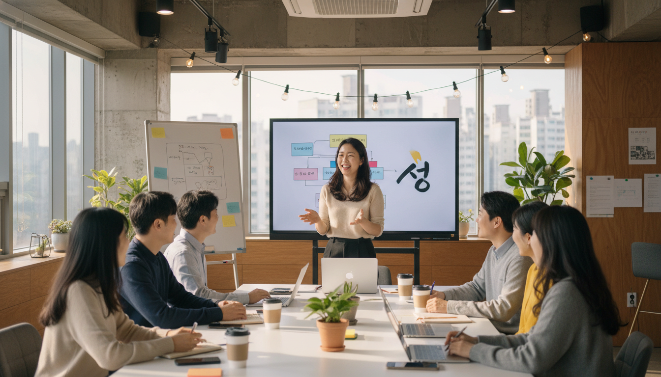 활기찬 한국 스타트업 사무실에서 밝게 웃으며 팀원들과 아이디어를 나누는 30대 한국인 여성 대표, 뒤에는 '성장'이라는 글귀가 쓰인 보드와 함께 현대적인 인테리어, 협력적 분위기