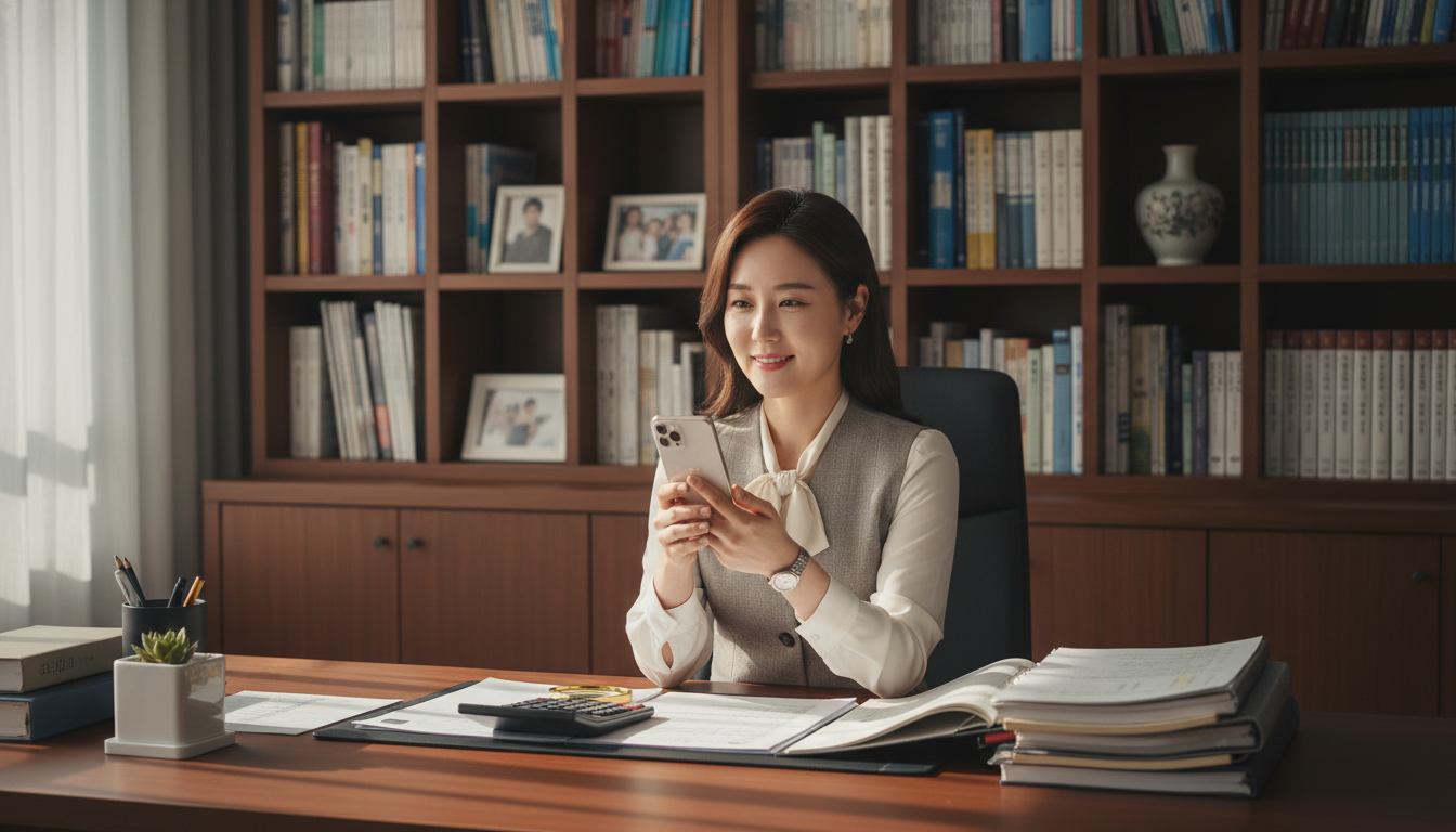 깔끔하게 정돈된 한국인 회계사의 사무실 책상 위에서 돋보기와 계산기, 서류 뭉치를 앞에 두고 미소를 지으며 스마트폰을 보고 있는 30대 한국인 여성 회계사, 뒤편에는 책장이 가득한 배경, 전문적인 분위기