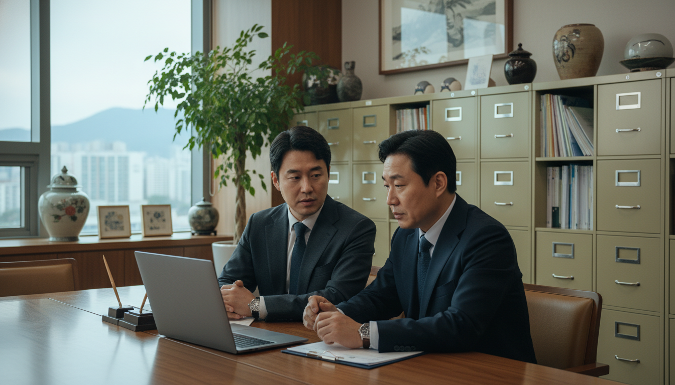 깔끔한 한국의 회계사 사무실에서 30대 한국인 남성 사업가가 세무사와 함께 테이블에 앉아 노트북 화면을 보며 심도 깊은 대화를 나누고 있는 모습, 뒤편으로는 서류 캐비닛이 보임