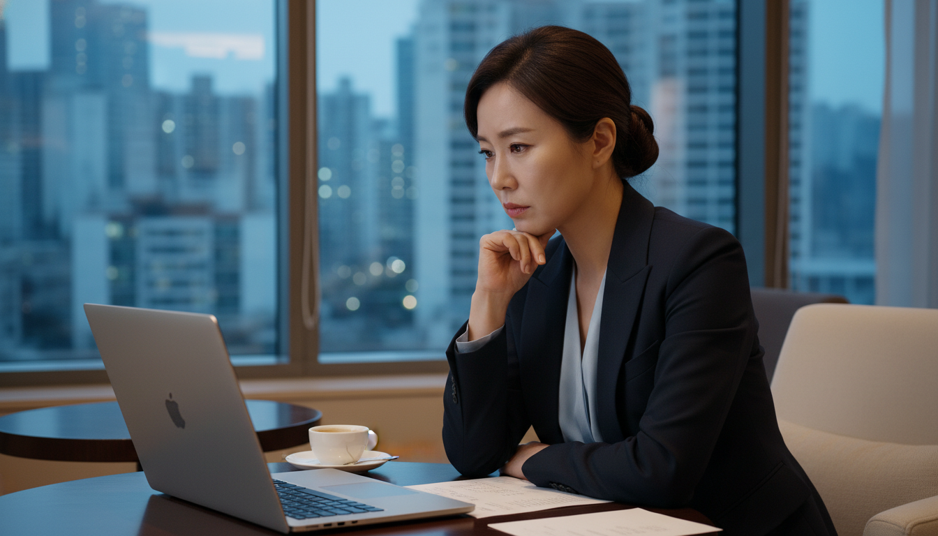 한국의 비즈니스 호텔 라운지에서 40대 한국인 여성 사업가가 고급스러운 노트북으로 재무제표를 검토하며 진지하게 생각하는 모습, 창밖으로는 서울 도심 풍경이 희미하게 보임