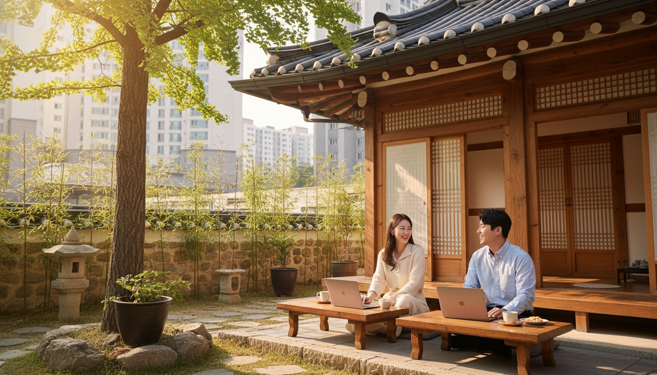 따뜻한 햇살이 비추는 한국의 한옥 카페 마당에서 20대 한국인 남녀 직장인 두 명이 노트북을 펴고 웃으며 편안하게 대화하고 있는 모습, 여유롭고 긍정적인 분위기