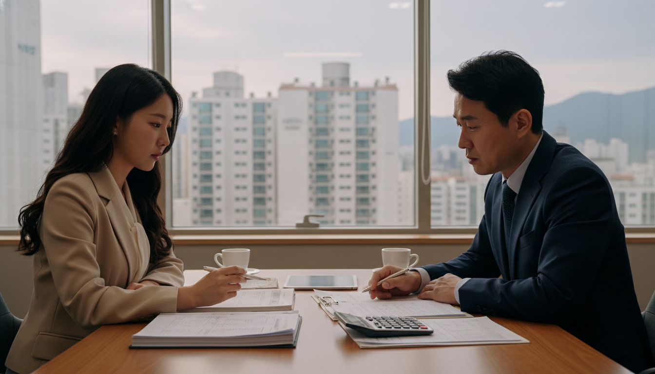 한국의 세무사 사무실에서 40대 한국인 남성 세무사와 30대 한국인 여성 사업가가 테이블에 앉아 서류를 보며 진지하게 대화하고 있다. 탁자 위에는 계산기와 커피잔이 놓여있다.