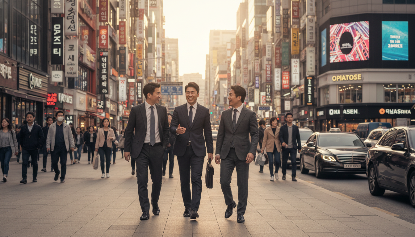 한국의 번화한 비즈니스 지구 거리, 세 명의 30대 한국인 비즈니스맨들이 걸어가며 활기차게 대화하고 있다. 뒤로는 한글 간판이 즐비한 상점들이 보인다. 역동적이고 희망찬 분위기.