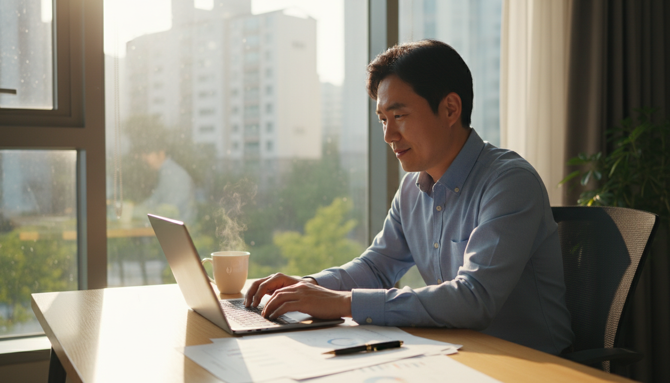 따뜻한 햇살이 드는 깔끔한 한국의 작은 사무실에서 30대 한국인 남성이 노트북을 들여다보며 정부 정책자금 서류를 검토하는 모습, 책상 위에는 커피잔과 볼펜이 놓여있다, 희망찬 분위