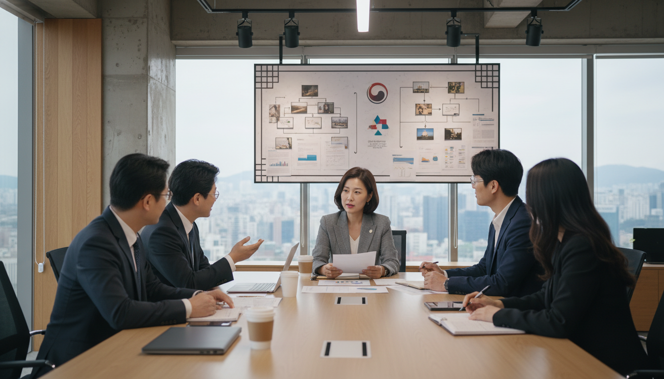 서울 도심의 현대적인 사무실에서 40대 한국인 여성 대표가 팀원들과 함께 정책자금 신청서류를 진지하게 검토하는 회의 장면, 벽에는 비전 보드가 걸려있고 한국적인 디자인 요소가 보이는 실내, 역동적인 분위기