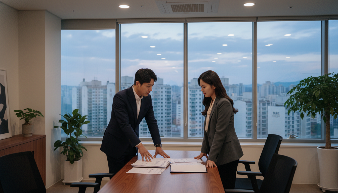 깔끔하게 정돈된 한국의 오피스 공간에서 30대 중반의 한국인 사업가 남성과 20대 후반의 여성 직원이 서류를 보며 진지하게 대화하고 있다.