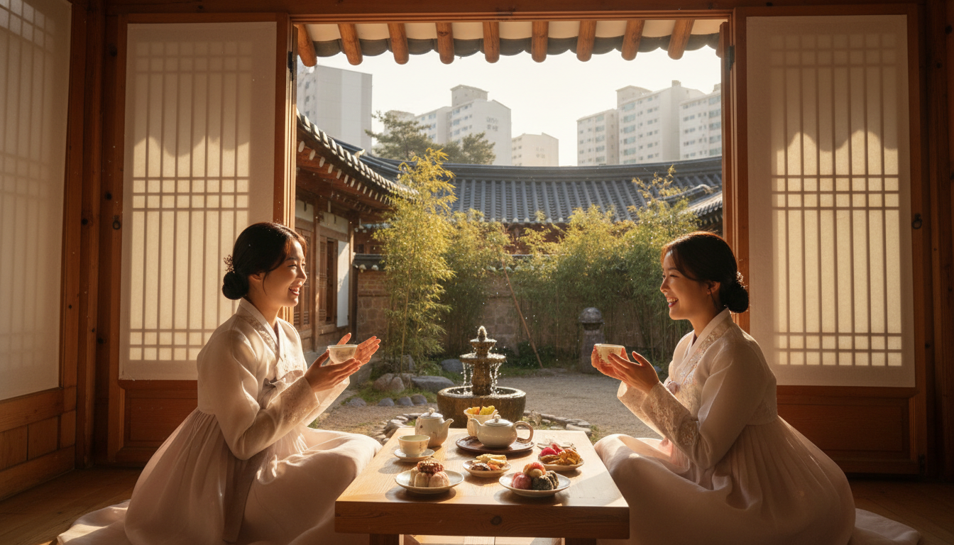 따뜻한 햇살이 드는 한국의 전통 한옥 카페에서 한복을 곱게 차려입은 20대 한국 여성 두 명이 마주 앉아 차를 마시며 즐겁게 대화하고 있다.