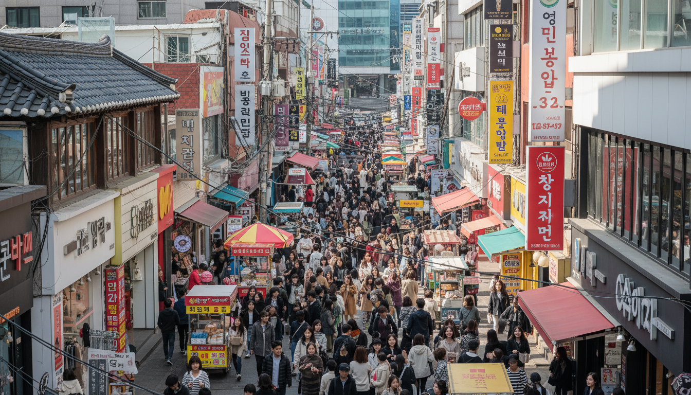 활기찬 서울 명동 거리에서 바쁘게 오가는 한국인들, 낮 시간대의 북적이는 상점가를 위에서 내려다본 모습, 역동적이고 생생한 분위기