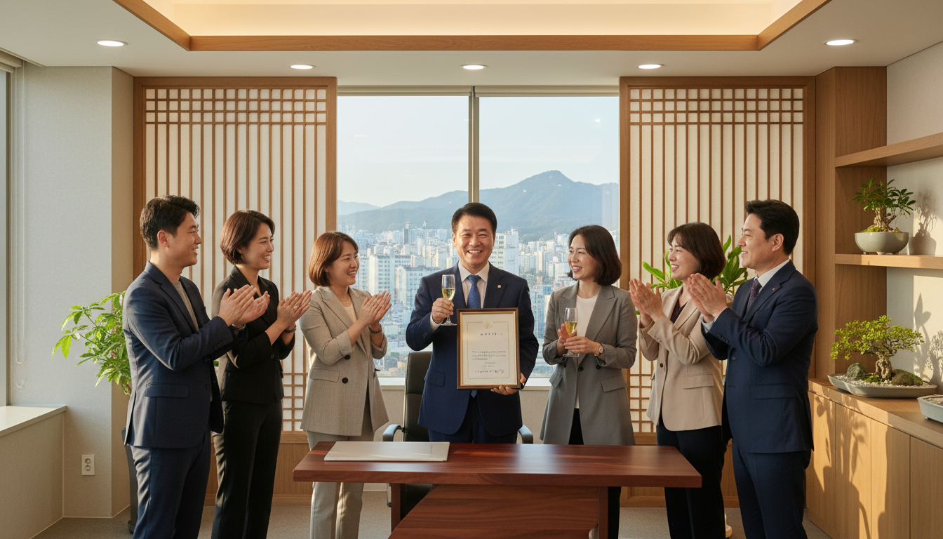 성공적인 사업 확장을 축하하며 밝게 웃고 있는 50대 한국인 남성 중소기업 대표와 그의 팀원들, 뒤편으로는 한국적인 디자인이 가미된 사무실 내부가 보인다.