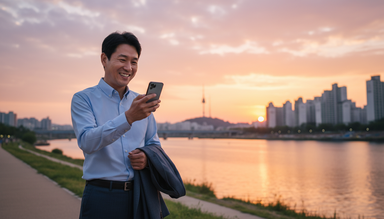 저녁 노을이 아름답게 비치는 서울 한강을 배경으로, 40대 한국인 남성 사업가가 스마트폰으로 정부 정책자금 관련 정보를 검색하며 미소 짓는 모습, 희망적이고 긍정적인 분위기