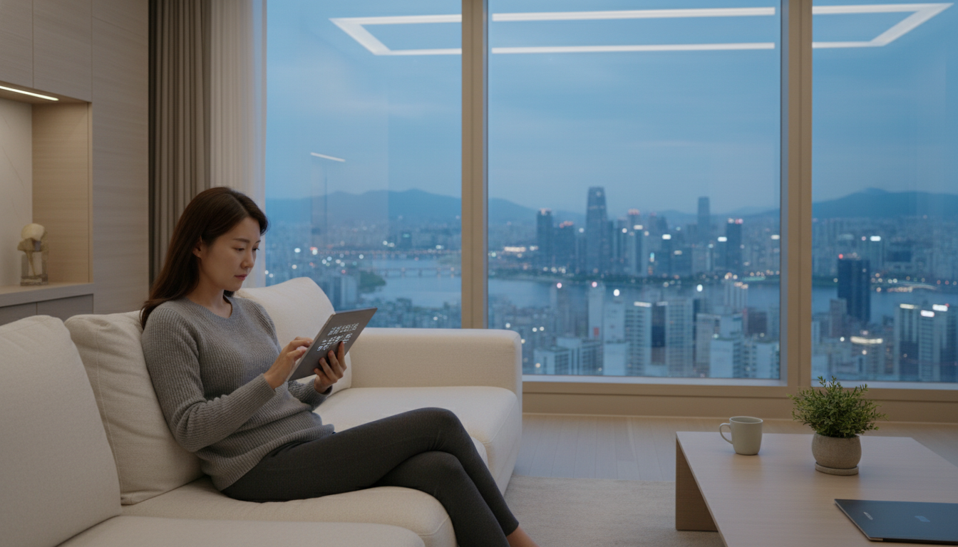 한국의 고층 아파트 거실에서 30대 한국인 여성이 편안한 자세로 태블릿 PC를 보며 정책자금 관련 정보를 검색하고 있다. 창밖으로는 서울의 스카이라인이 펼쳐지고, 거실은 깔끔한 한국 미니멀리즘 인테리어다. 차분하고 집중하는 모습