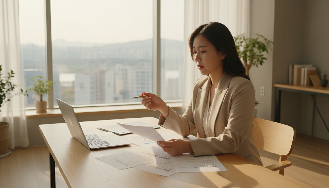 따뜻한 햇살이 드는 모던한 한국 사무실에서 노트북을 펴고 정부 정책자금 관련 서류를 진지하게 검토하는 30대 초반 한국 여성 사업가, 배경에는 서울 시내가 살짝 보인다
