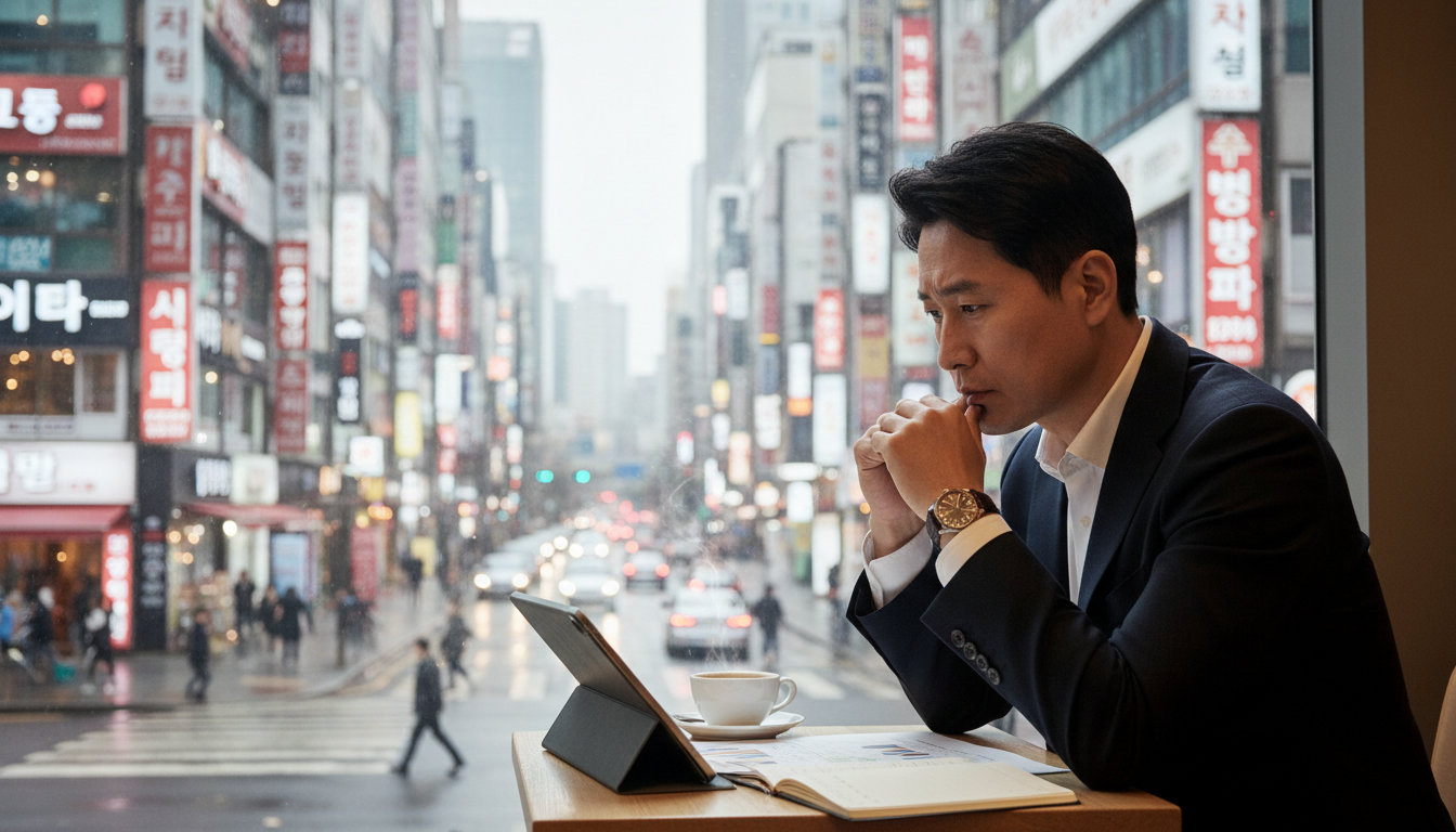 번화한 서울의 한 거리, 작은 카페 창가에 앉아 태블릿으로 사업 계획서를 꼼꼼히 검토하며 깊이 생각에 잠긴 40대 한국 남성 사업가, 창밖으로는 한글 간판들이 보인다
