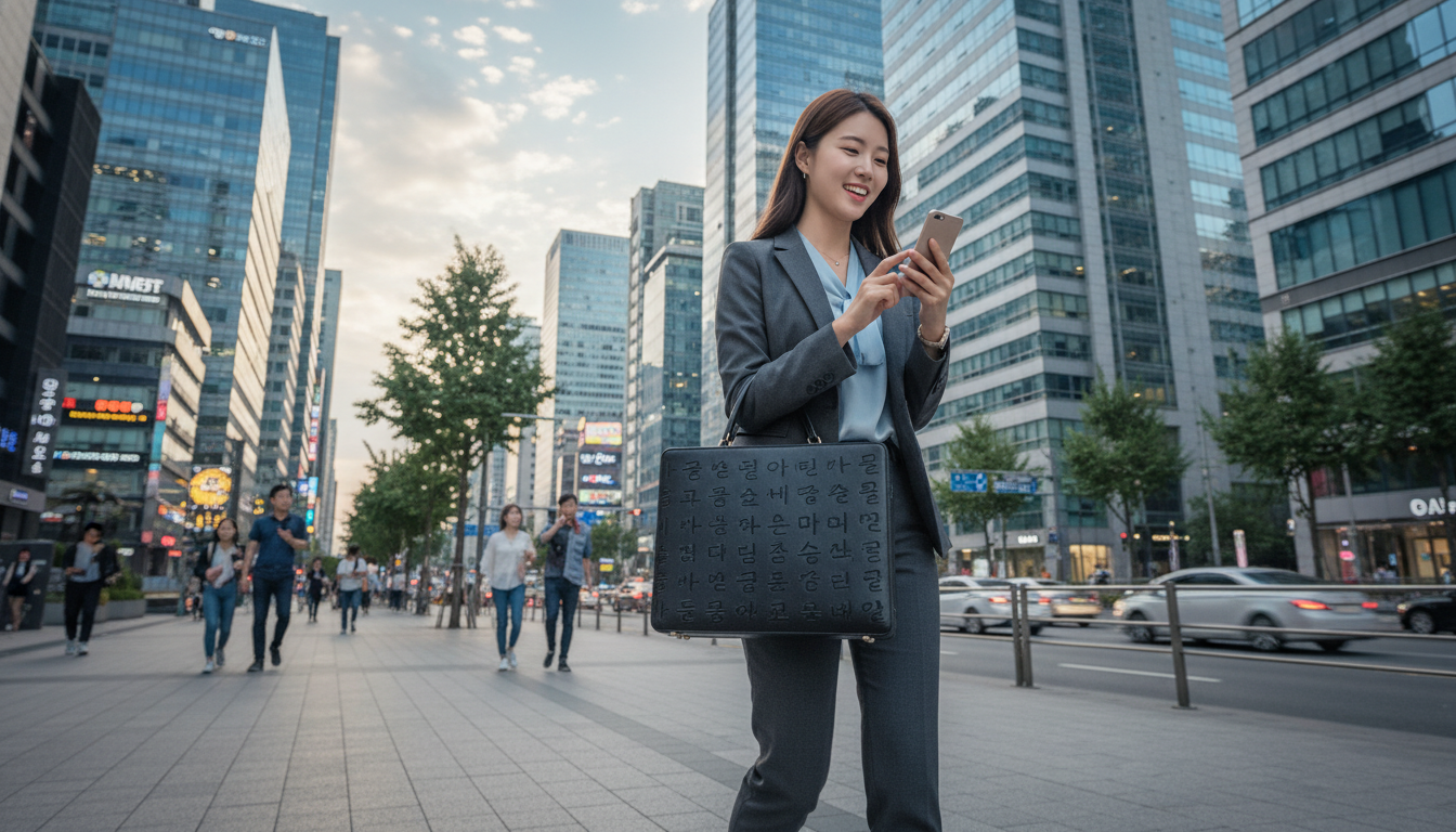서울의 번화가 빌딩 숲을 배경으로, 활기찬 표정으로 스마트폰을 보며 걸어가는 20대 한국인 여성 직장인, 손에는 한글 로고가 새겨진 서류 가방을 들고 있음