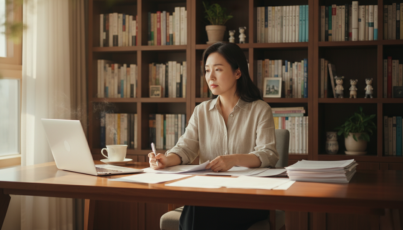 따뜻한 햇살이 드는 한국 아파트 서재에서 책상에 앉아 서류를 정리하는 40대 한국 여성, 노트북과 커피잔이 놓여 있고, 뒤로는 책장이 보인다, 차분하고 집중하는 분위기, 고화질