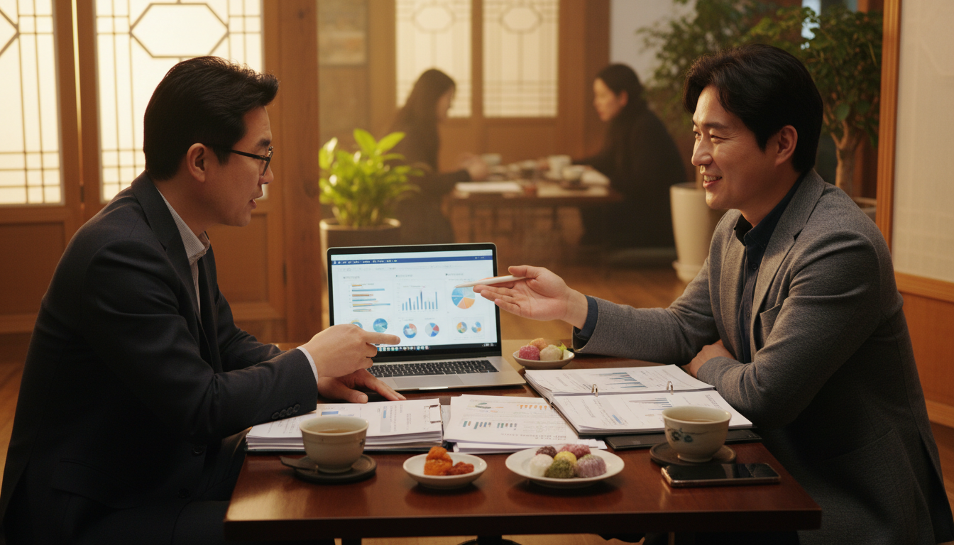 아늑한 분위기의 한국 카페에서 40대 한국인 남성 사업가가 친근한 한국인 컨설턴트와 함께 노트북 화면을 보며 정책자금 서류를 검토하고 있습니다. 테이블에는 한국식 전통 찻잔과 간식이 놓여 있습니다.