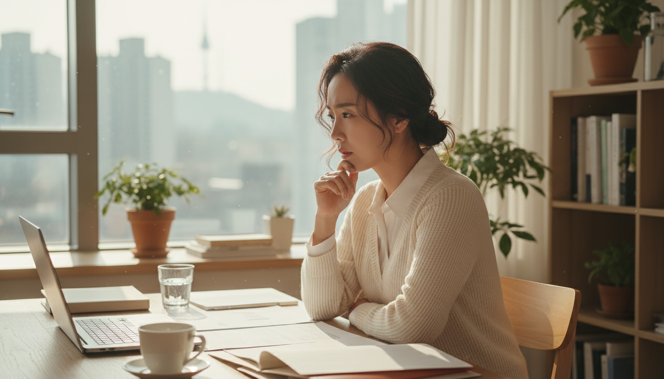 따뜻한 햇살이 비치는 아늑한 한국 사무실에서, 30대 한국 여성 사업가가 노트북 화면을 보며 심각하게 생각하는 모습, 주변에는 서류와 커피잔이 놓여 있음, 부드러운 초점