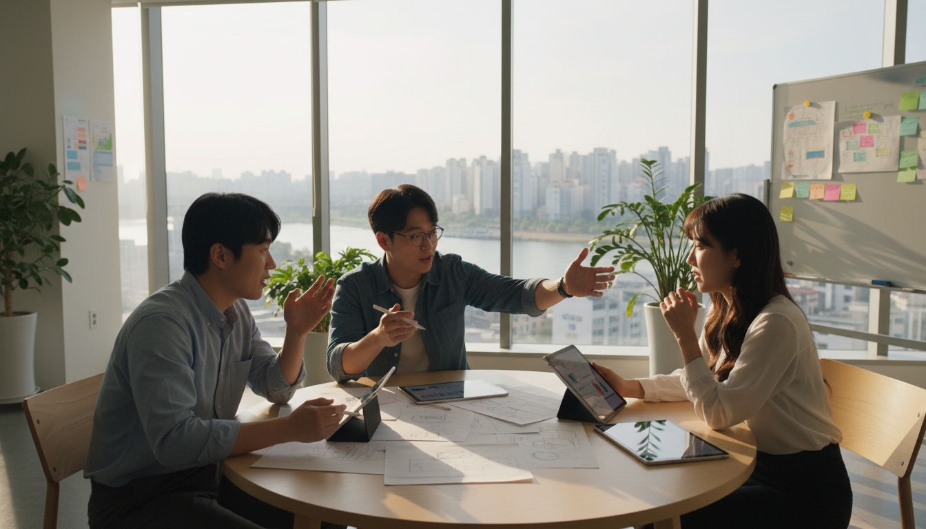 현대적인 한국 스타트업 사무실에서 20대 한국인 남녀 팀원 3명이 원형 테이블에 모여 아이디어 스케치와 태블릿을 보며 열정적으로 토론하는 모습, 밝고 활기찬 분위기