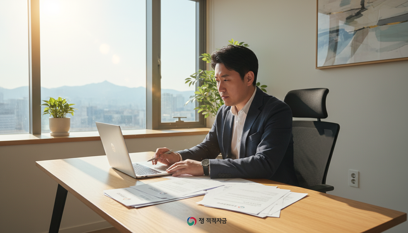 햇살이 잘 드는 깨끗한 한국의 소규모 사무실에서, 30대 한국인 사업가가 노트북을 응시하며 정부 정책자금 관련 서류를 검토하는 모습, 밝고 희망찬 분위기