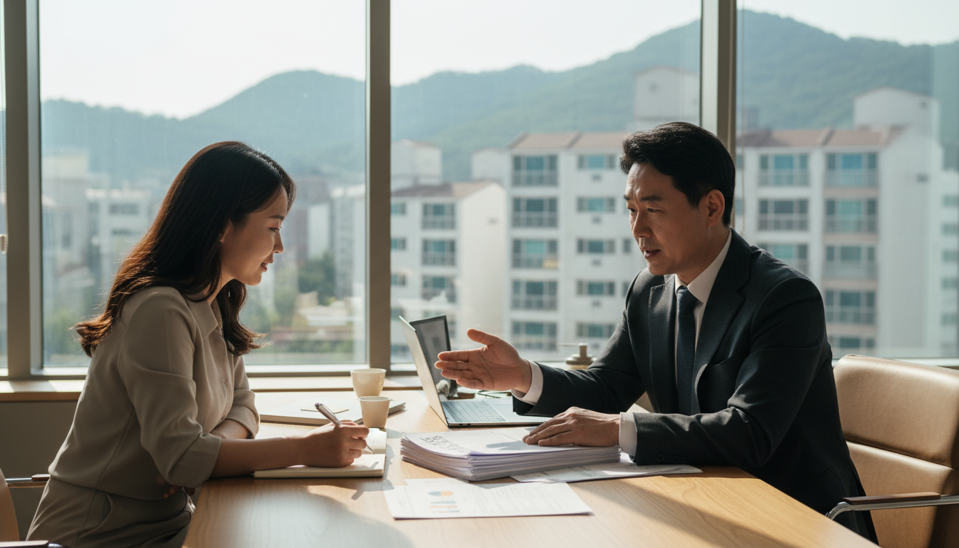 햇살이 잘 드는 한국의 현대적인 사무실에서, 한국인 비즈니스 컨설턴트가 꼼꼼하게 정책자금 신청 서류를 검토하며 30대 한국인 클라이언트에게 설명하고 있는 모습, 신뢰감 있는 분위기