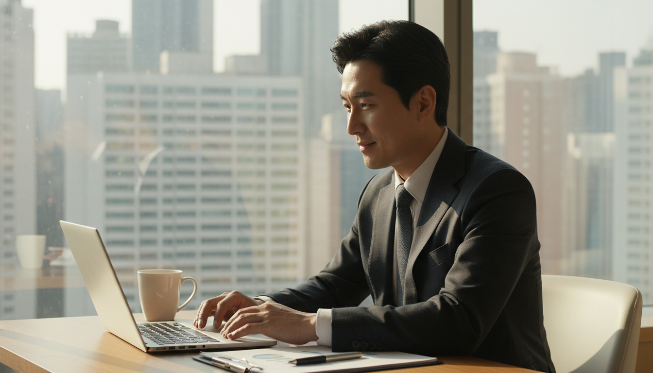 따뜻한 햇살이 비치는 한국 오피스텔 창가에서, 깔끔한 정장 차림의 30대 한국 남성 사업가가 노트북을 보며 미소 짓고 있다. 책상 위에는 커피와 서류가 놓여있고, 배경에는 서울의