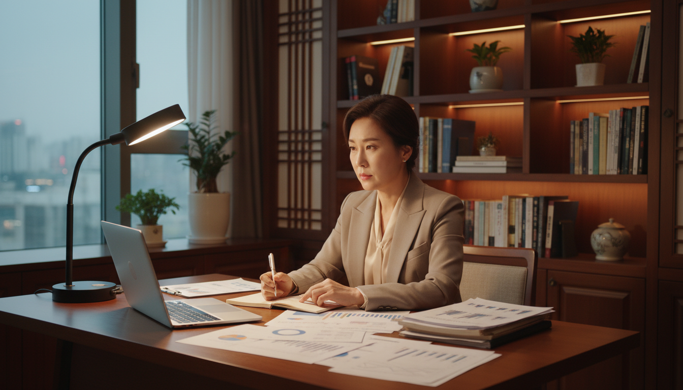 따뜻한 조명의 한국 아파트 서재에서, 40대 한국 여성 사업가가 심각한 표정으로 노트북 화면과 종이 서류를 번갈아 보며 사업계획서를 검토하고 있다. 뒤편으로는 한국적인 디자인의 책장이 보인다.