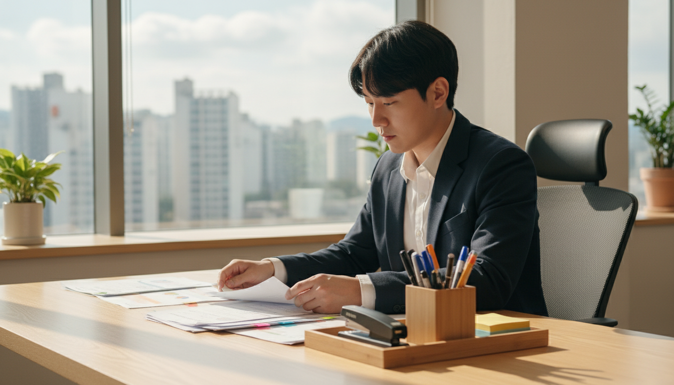 깔끔하게 정돈된 한국 사무실 책상 위에서, 20대 한국 직장인이 각종 사업 관련 서류들을 분류하며 꼼꼼하게 검토하고 있다. 옆에는 스테이플러와 펜 등 문구류가 가지런히 놓여있다.