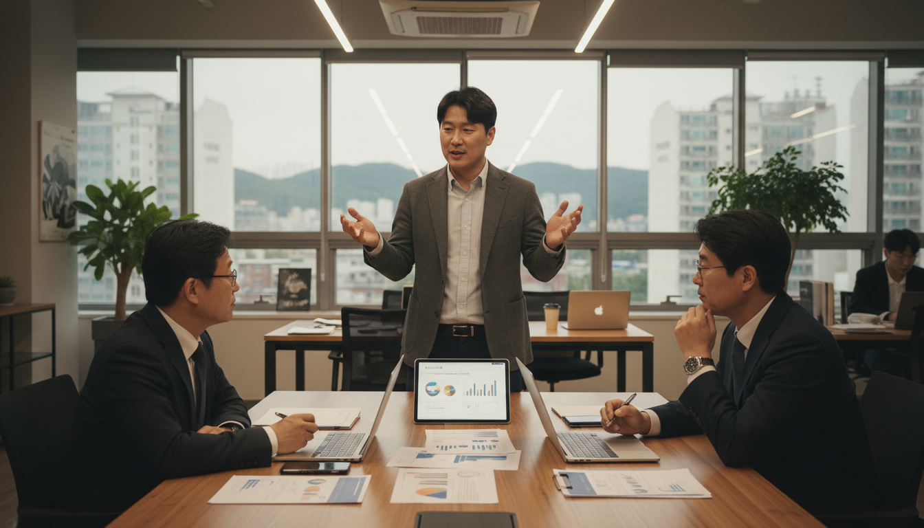 활기찬 한국 스타트업 사무실에서, 30대 한국인 대표가 두 명의 심사위원으로 보이는 중년 한국 남성들에게 자신의 사업 아이디어를 열정적으로 발표하고 있다. 테이블에는 노트북과 자료들이 놓여있다.