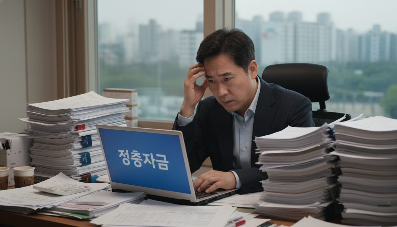 책상에 앉아 복잡한 서류 더미를 보며 고민하는 40대 한국인 남성 소상공인. 그의 얼굴에는 걱정이 역력하지만, 노트북 화면에는 '정책자금'이라는 단어가 보인다.