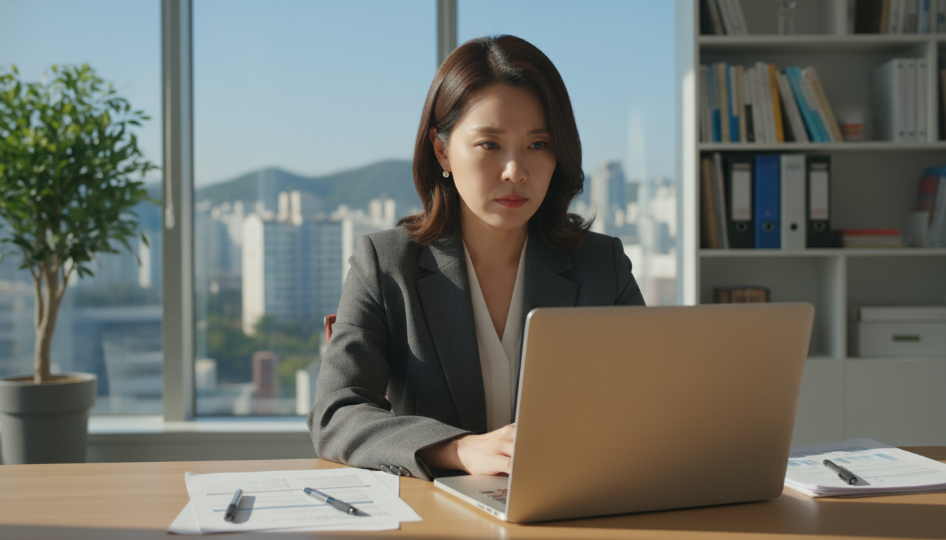 따뜻한 햇살이 드는 한국의 현대적인 사무실에서 진지한 표정으로 노트북 화면을 응시하는 30대 한국인 여성 사업가, 주변에는 서류와 펜이 놓여있다.