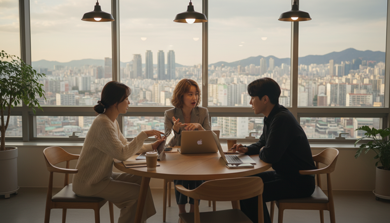 한국의 세련된 공유 오피스 공간에서 세 명의 20대 한국인 남녀 직장인들이 원형 테이블에 앉아 노트북과 태블릿을 보며 열정적으로 토론하고 아이디어를 공유하는 모습, 창밖으로는 서울 도심 풍경이 보인다.