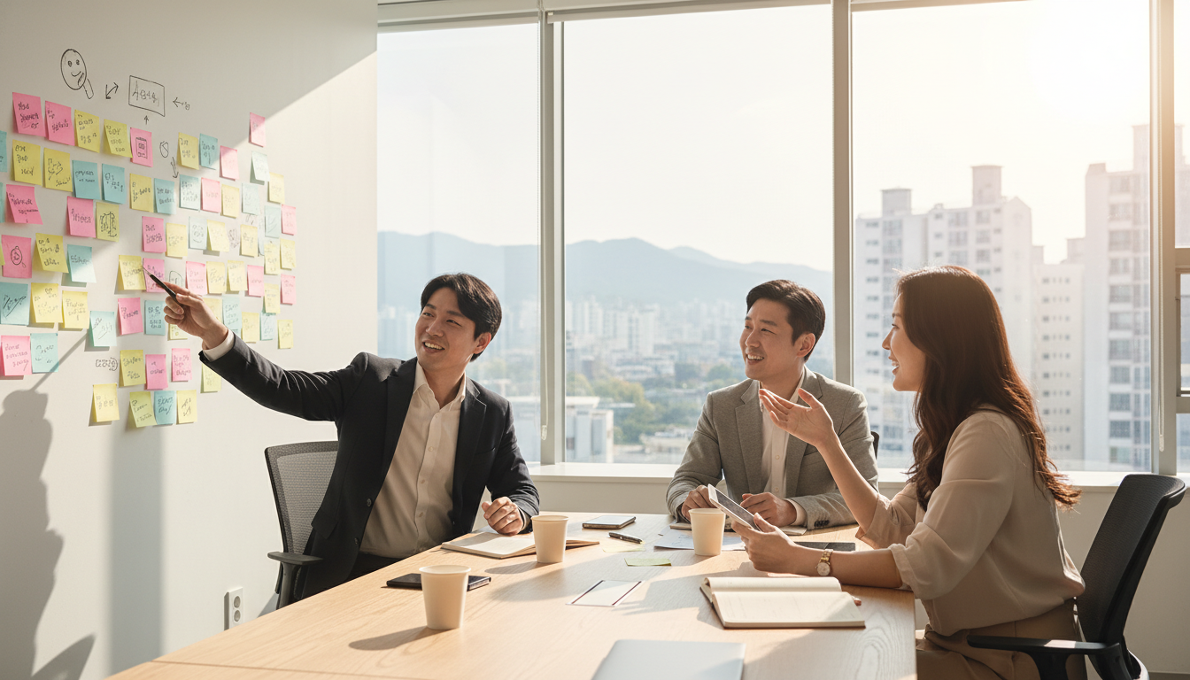 따뜻한 햇살이 비치는 현대적인 한국 사무실에서 활기찬 모습으로 회의하는 30대 초반 한국인 스타트업 팀원들, 흰색 벽과 나무 테이블, 벽에는 혁신적인 아이디어를 적은 포스트잇이 붙