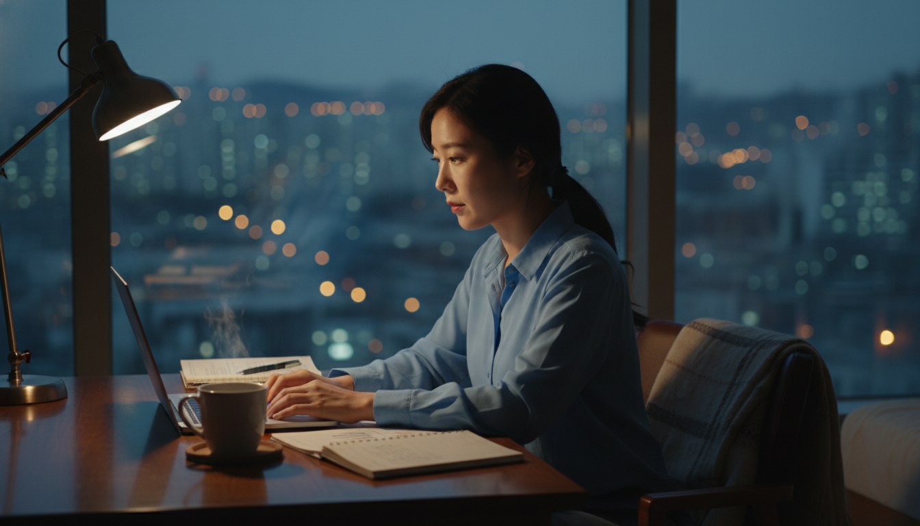 아파트 창밖으로 서울의 불빛이 보이는 저녁, 한국인 여성 대표가 자신의 작은 원룸 오피스텔 책상에서 노트북을 켜고 사업 계획서를 검토하고 있다. 테이블 위에는 따뜻한 커피 한 잔이 놓여있다.
