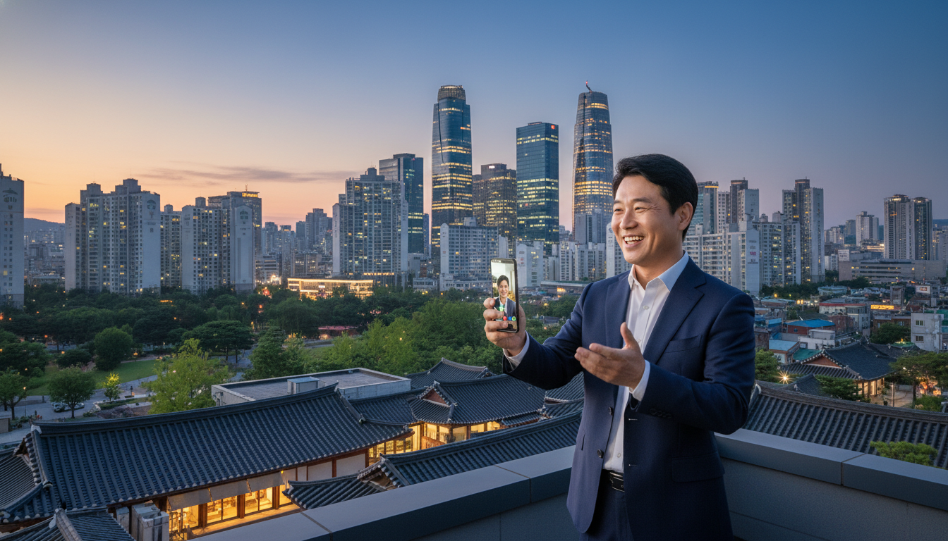 전통적인 한옥 지붕과 현대적인 빌딩이 어우러진 서울 도심 전경을 배경으로, 40대 한국인 CEO가 스마트폰으로 해외 거래처와 화상 통화를 하며 환하게 웃고 있다.