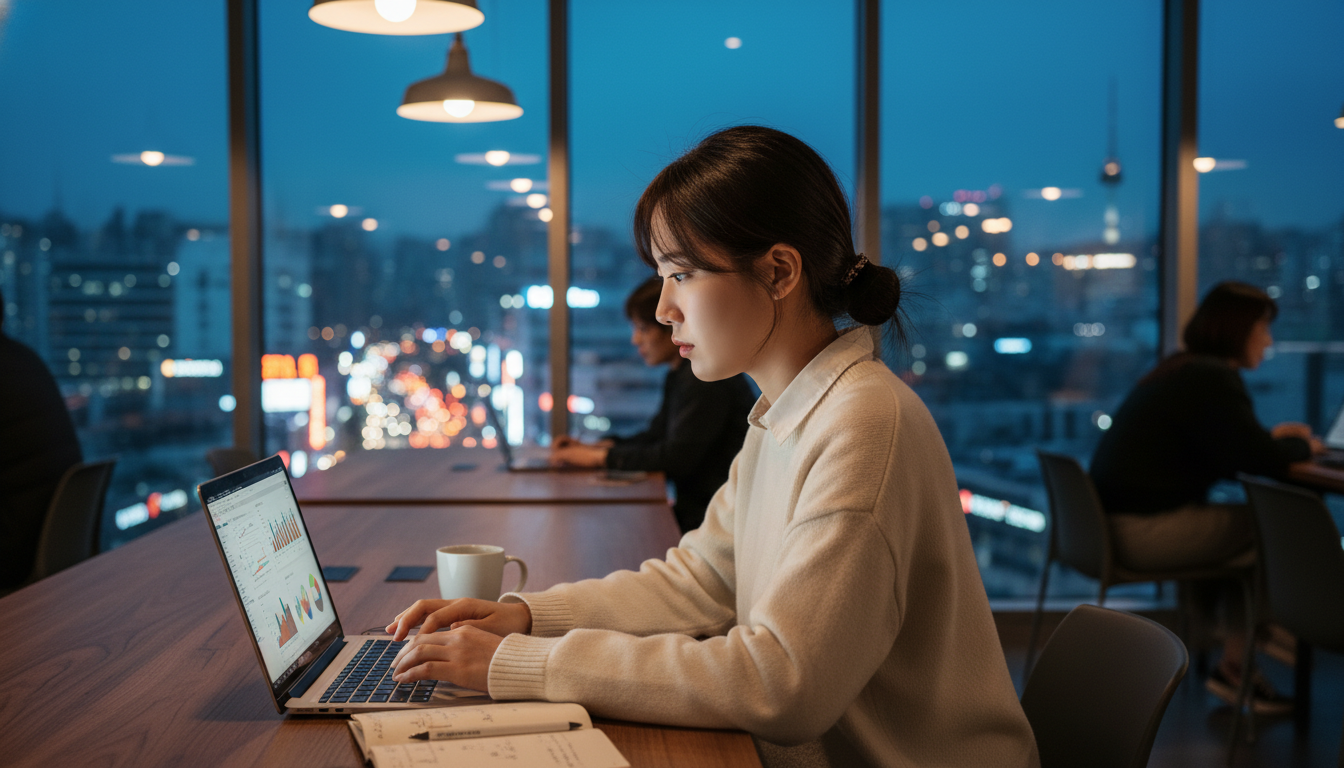 Korean startup founder, a young woman, looking thoughtfully at a laptop screen in a modern co-workin