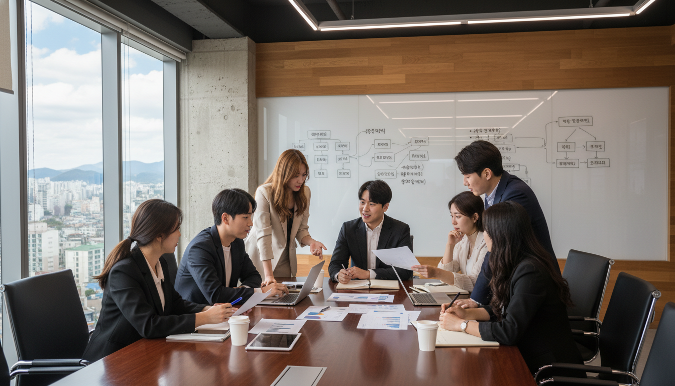 A busy Korean office environment with a diverse team of young professionals collaborating around a large table, looking at documents and discussing, a whiteboard in the background with business ideas written in Korean.