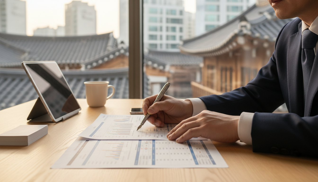 A close-up shot of a Korean businessman's hands reviewing a complex financial document, with a pen in hand, sitting at a neat desk in a contemporary office setting with a subtle view of traditional Korean architecture from the window.
