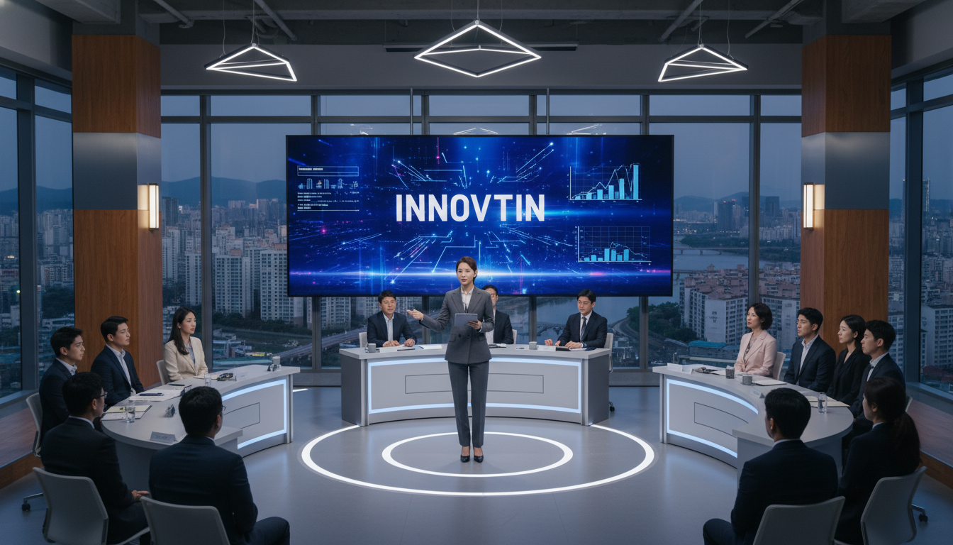 A Korean businesswoman confidently presenting her startup idea to a panel of judges in a modern pitching room, with a large screen displaying her presentation in Korean, and other Korean entrepreneurs watching.