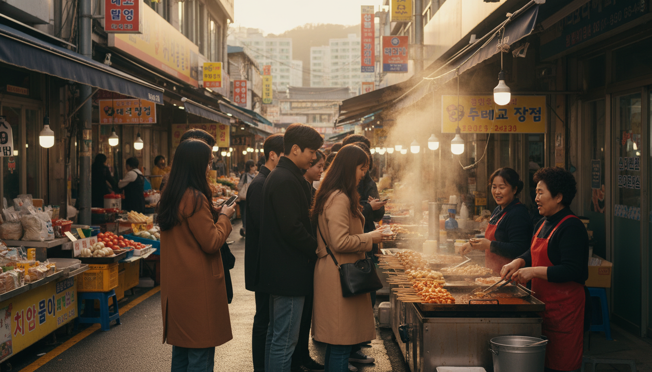 서울 시내의 활기찬 시장 골목, 작은 분식집 앞에 20대 한국인 남녀 고객들이 줄을 서서 음식을 기다리고 있고, 분식집 사장님은 밝은 표정으로 음식을 준비하고 있다. 따뜻하고 활기찬 분위기가 느껴지는 풍경.