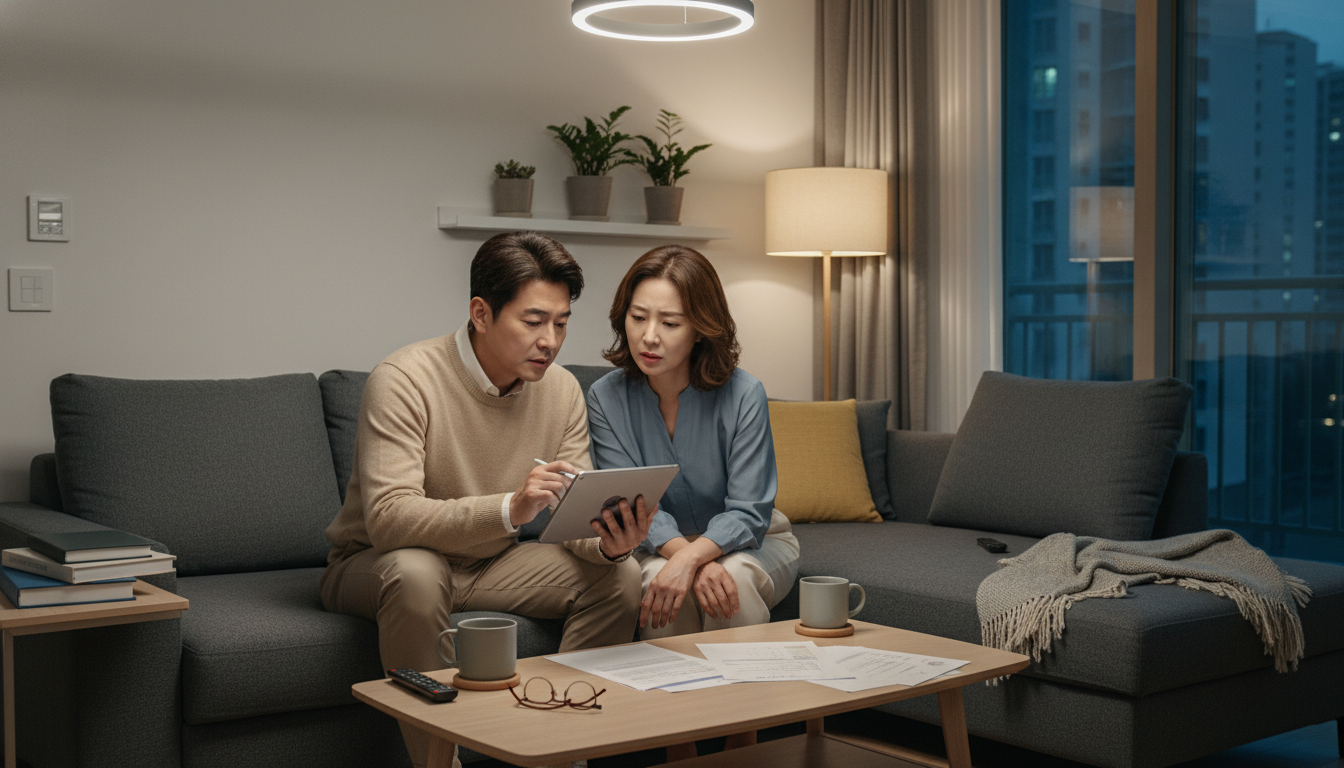 모던한 한국 아파트 거실에서 40대 한국인 부부가 태블릿으로 서류를 검토하며 진지하게 대화하는 모습, 따뜻한 조명, 깔끔한 인테리어, 생활감 있는 소품들