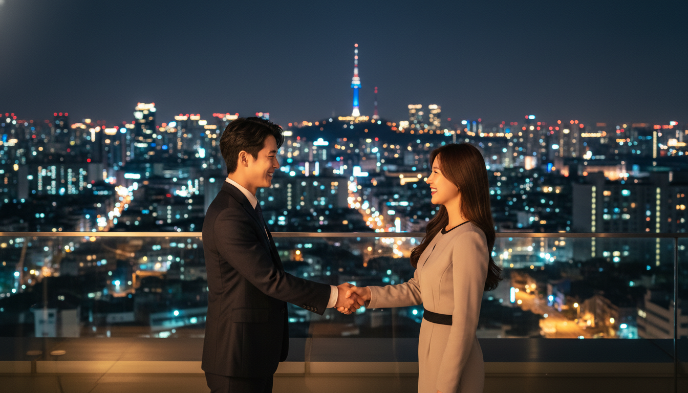 서울 남산타워가 보이는 도심의 야경을 배경으로 젊은 한국인 사업가 두 명이 서로 마주보며 밝게 웃으며 악수하는 모습, 성공적인 비즈니스 협력을 상징, 고층 빌딩과 도시 불빛
