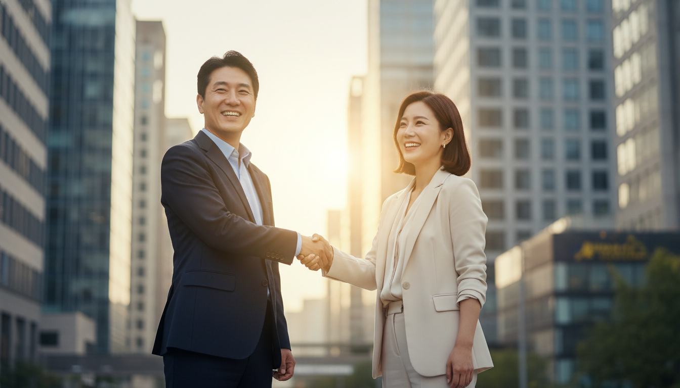 서울 도심의 현대적인 고층 건물 사이를 배경으로, 환하게 웃으며 악수하는 40대 한국인 남성과 30대 한국인 여성 사업가의 모습. 비즈니스 협력이 잘 이루어졌음을 보여주는 밝고 긍정적인 분위기이다.