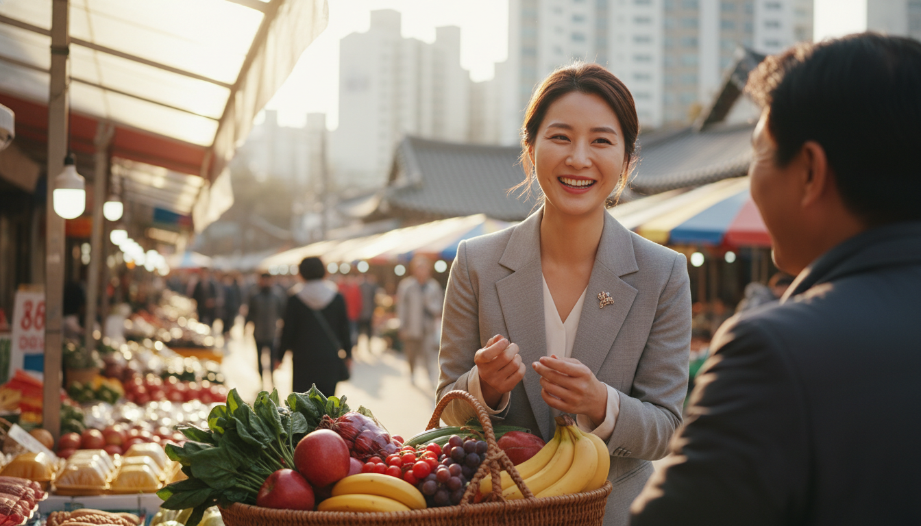 한국 전통 시장에서 활짝 웃으며 상인과 대화하는 30대 한국인 여성 사업가, 시장 바구니에는 신선한 채소와 과일이 가득하고, 따뜻한 햇살이 비추는 풍경, 고화질, 생생한 색감