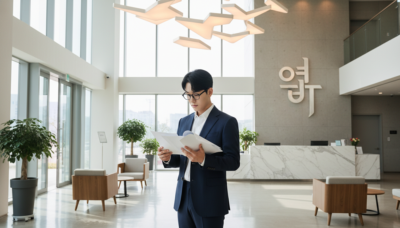 현대적인 한국 오피스 빌딩 로비에서 서류를 검토하며 진지하게 대화하는 40대 한국인 남성 사업가와 30대 여성 직원, 창밖으로는 서울 도심 풍경이 보임, 전문적이고 깔끔한 분위기