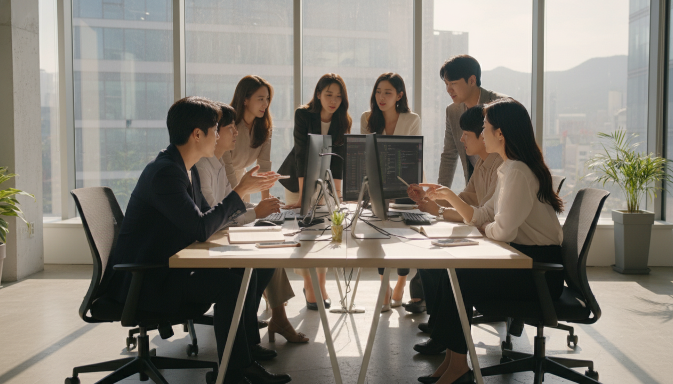 밝은 햇살이 드는 한국의 현대적인 사무실에서 여러 서류와 컴퓨터 화면을 보며 열정적으로 토론하는 20대, 30대 한국인 남녀 직장인들, 협력하는 분위기