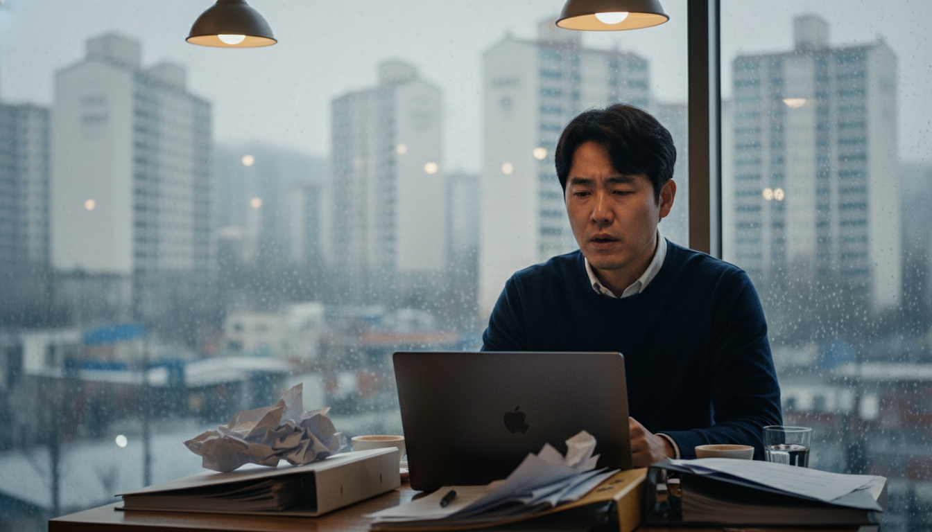 카페에서 노트북을 덮고 한숨 쉬는 30대 한국 남성, 복잡한 서류들이 테이블에 놓여있고, 창밖으로는 비 오는 서울 도심 풍경이 보인다, 고뇌하는 표정